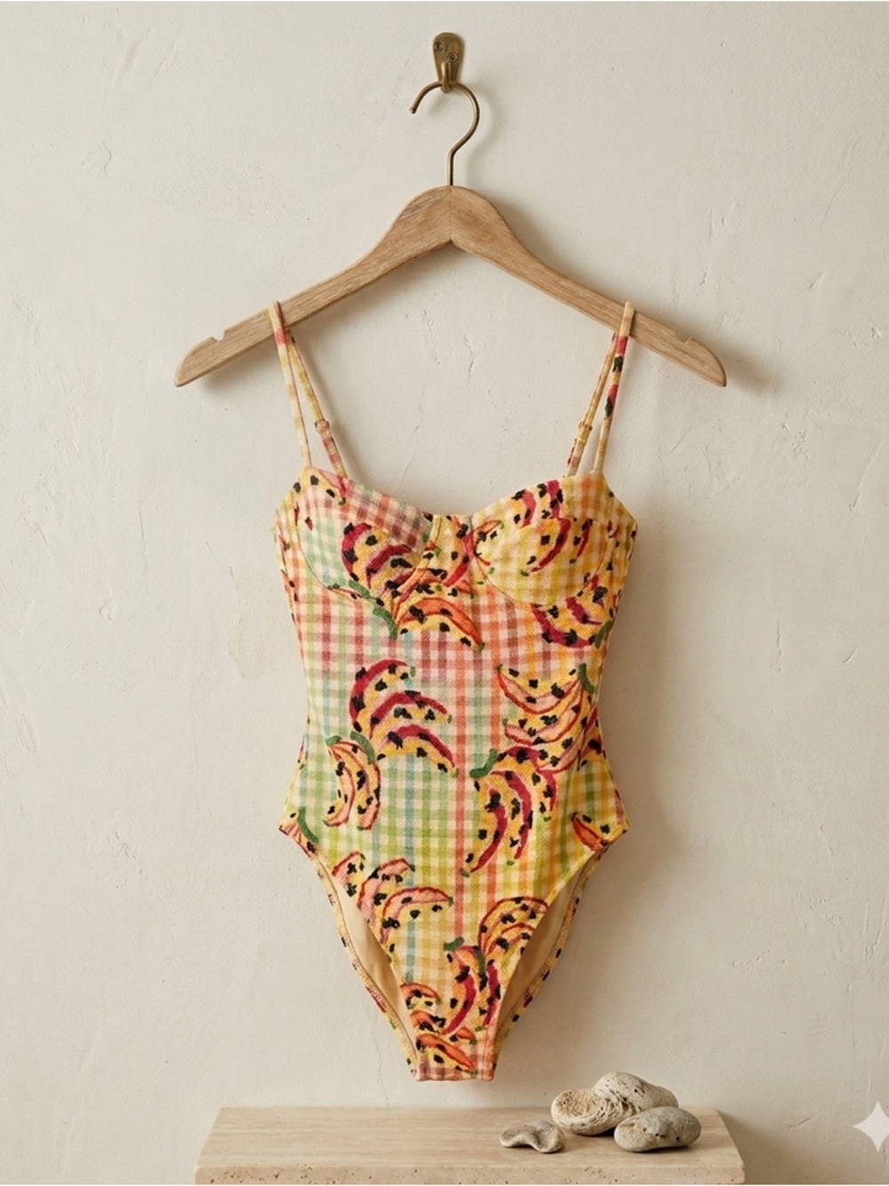 Farm Rio Banana Vichy One Piece Swimsuit XS Multicolor Underwire NWT